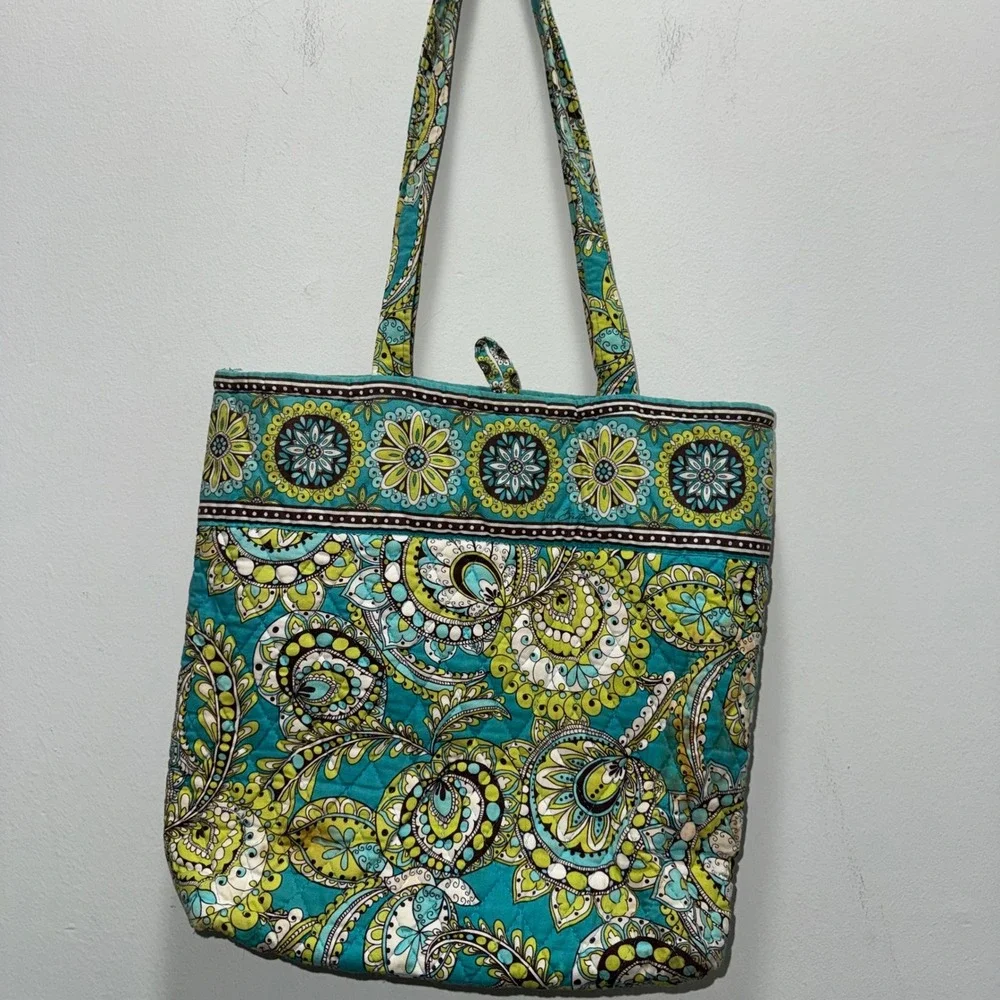 Vera Bradley Peacock Tote Bag Retired Quilted Cotton Teal Green Paisley Shoulder